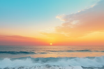 Fototapeta na wymiar sunset on the beach, bright multi-colored sky and sun over the sea at sunrise, panorama