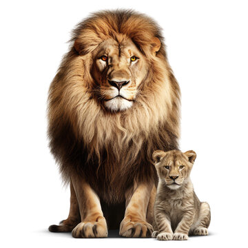 Majestic Male Lion Protectively Embracing Playful Cub, Isolated on Transparent Background. Powerful Lion Bond Generative AI