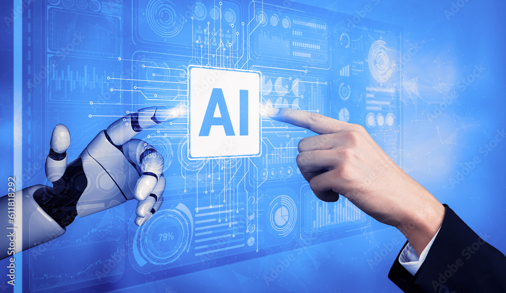 Poster 3d rendering artificial intelligence ai research of robot and cyborg development for future of peopl