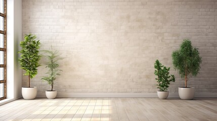 Fashion Style, Illustration Graphic Design, Empty Contemporary Interior, Simple White Brick Wall with Large Panoramic Window and Green Plant in the Pot Generative AI