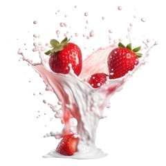 milk splash with strawberries isolated on transparent background. strawberries with splash effect isolated png generative AI