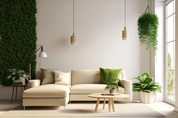 Bright contemporary living room on laminated wood with a beige sofa, a lamp on the wall, and a green plant. Background of pleasant interior with Scandinavian design. Mockup of a stylish, Generative AI