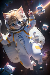The cat in the astronaut suit is floating on the moon