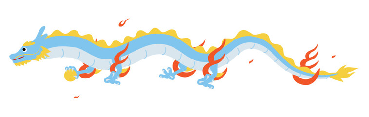 2024年辰年の年賀状素材、体を寝せて空を飛ぶ龍（竜・辰・ドラゴン）、線なし