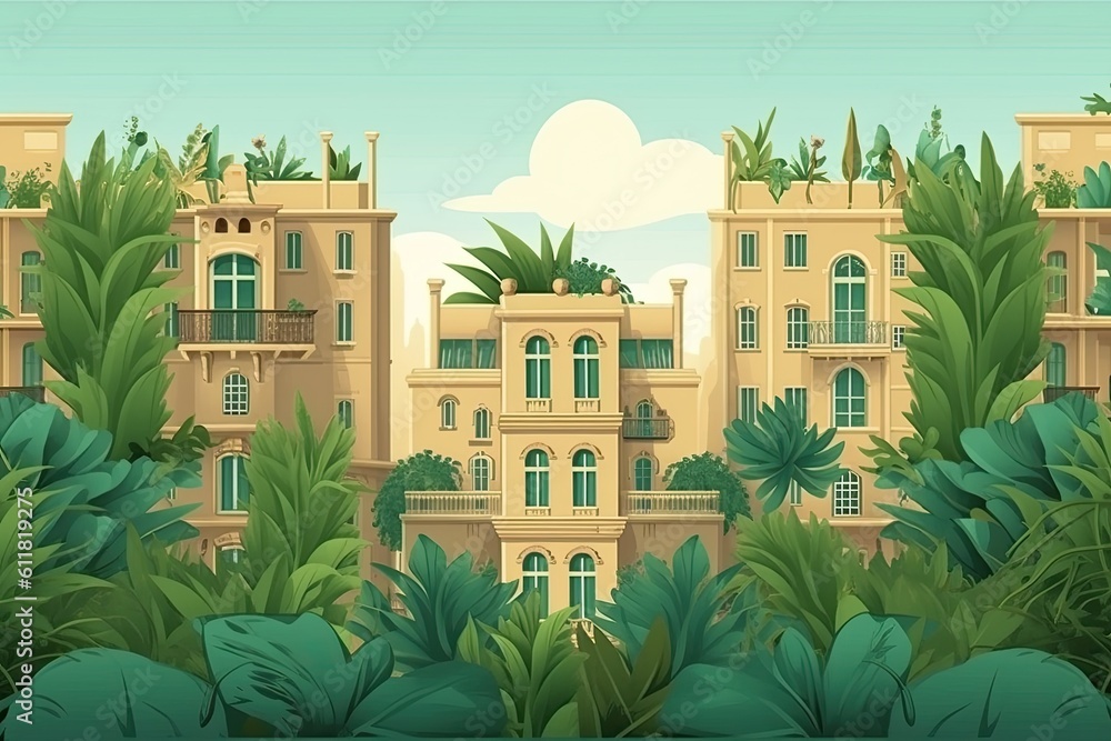 Poster background with green leaves and planting with architecture generative ai
