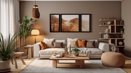 A nice apartment's living room is stylishly decorated with a brown wooden sofa, a coffee table, a gray bookshelf, a pillow, and fine accents. idea in beige and japanese. staging a home Generative AI