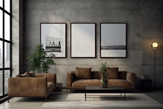 Interior design idea for a living room with two mock-up posters on a concrete wall, Generative AI