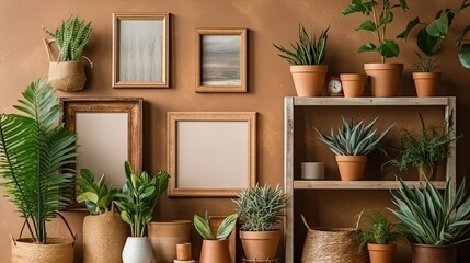 Fototapeta na wymiar A living room interior design featuring a brown mock-up photo frame on a green shelf with lovely plants in various hipster and design pots. stylish clothing and accessories. Gardening in Generative AI