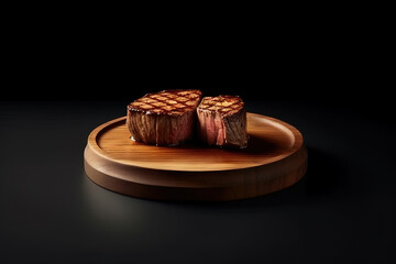 A wooden board of juicy delicious beef steak on a dark background. Meat dish with spices and herbs. Created with Generative AI Technology