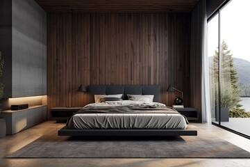 View from the side of a gray and dark wood bedroom with a gray blanket bed and a vertical poster on a dark wood wall. a mockup Generative AI
