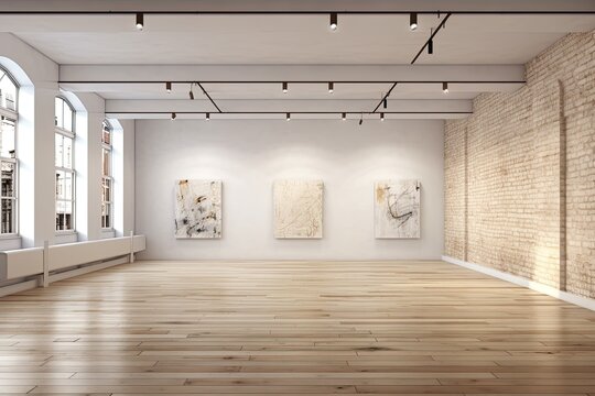 Interior gallery for mocap. rough white brick wall. light-colored wood parquet. paintings with a white background and floodlights. Generative AI