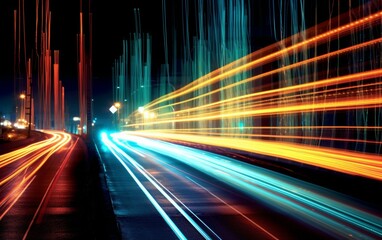 Night Rhythms: Mesmerizing Abstract Light Trails in the Urban Tapestry - High-Quality Wallpaper, Generative AI
