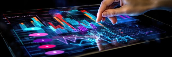 Abstract business background. Neon lights financial charts and data. Cryptocurrency and computers.