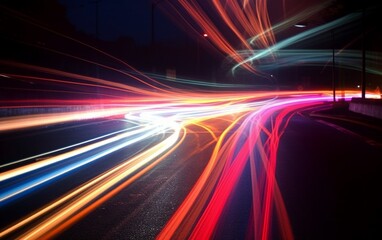 Fototapeta premium Night Rhythms: Mesmerizing Abstract Light Trails in the Urban Tapestry - High-Quality Wallpaper, Generative AI