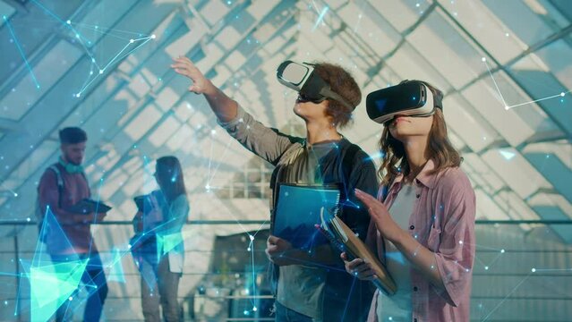 Students Wearing VR Headsets. Virtual Reality Learning Concept. Robotization of Learning. Digital Education. Innovations in Education. Future Technologies
