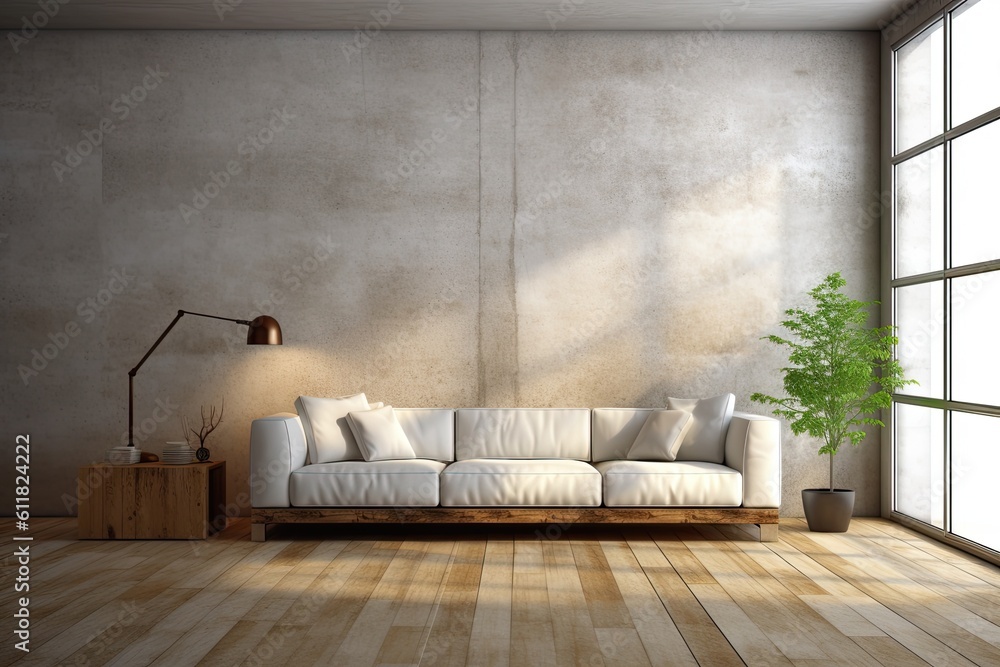 Sticker interior of living room with wooden floors and a concrete wall and a white leather couch. generative