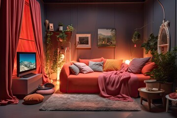 A contemporary room features a sofa, pillows, blanket, television, and heating batteries. Generative AI
