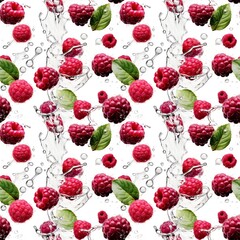 Seamless pattern texture of ripe raspberries with water splashes. AI generated 