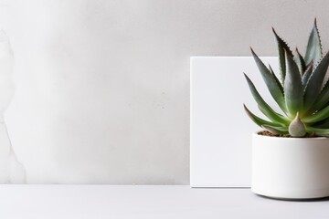 mock-up of a white shelf holding a mock-up frame with succulent and cactus plants. Copy space Generative AI
