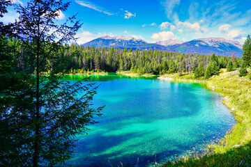 Aquamarine blue-green shades of the magnificient and beautiful lakes in the Valley of Five Lakes Region near Jasper in the Canada Rockies