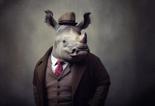 An old traditional businessman Rhinoceros in a suit and tie, Generative AI