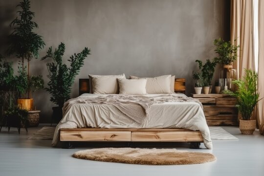 A luxurious bedroom's d�cor features a wood nightstand, gray macrame, fine trinkets, and a plant. Beautiful flowery bed sheets, a blanket, and pillows in a modern living room. Template Generative AI