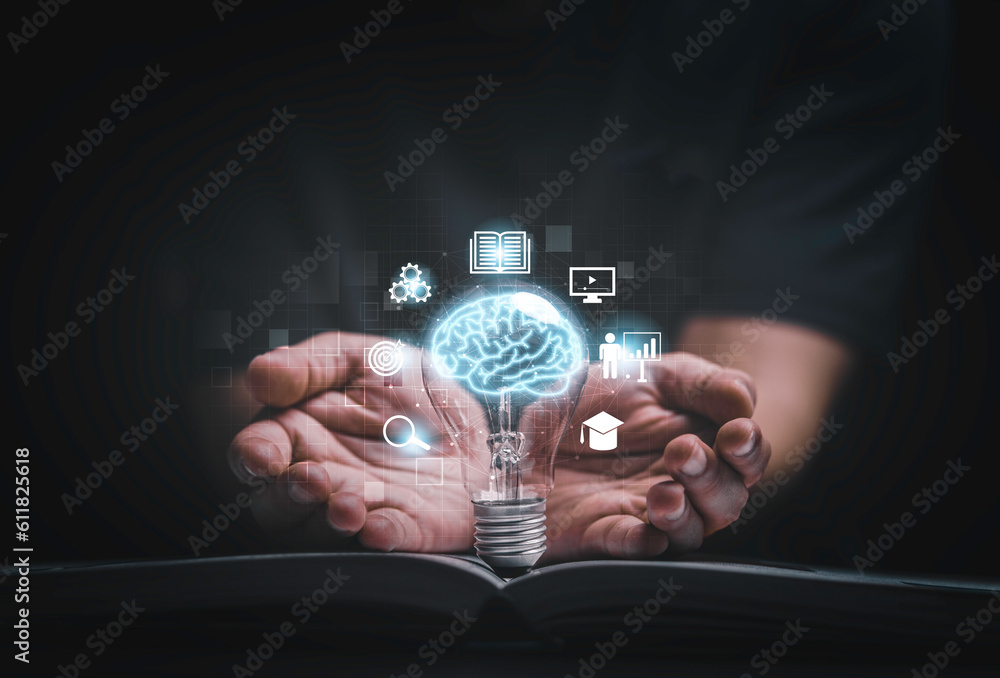Poster virtual brain inside lightbulb on open book between two hand for creative thinking idea to solve pro