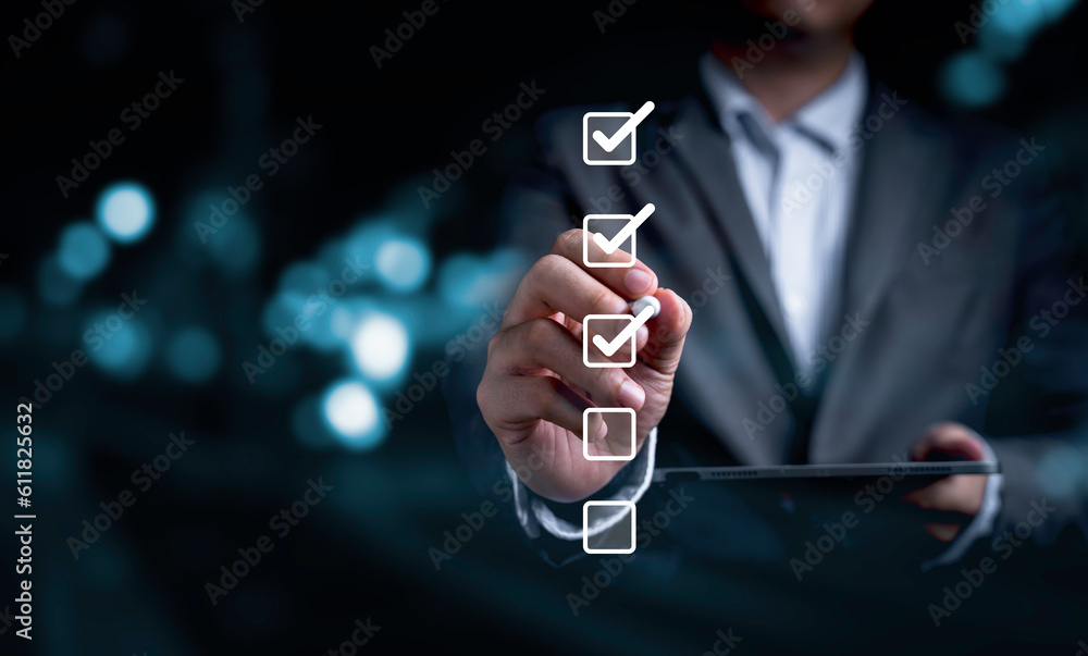Poster Businessman use pen to tick correct sign mark in checkbox for quality document control checklist and business approve project concept.