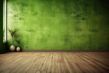 Background with an olive-green wall texture and a wooden floor. Generative AI