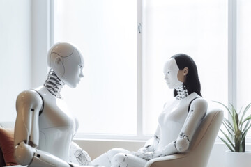 Two AI robots in talk therapy together. Generative AI.