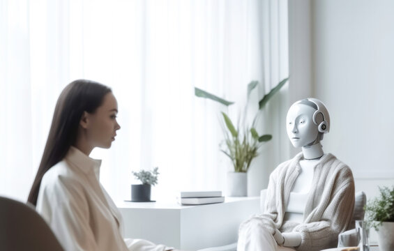 AI robot therapist in talk therapy session with a client. Generative AI.