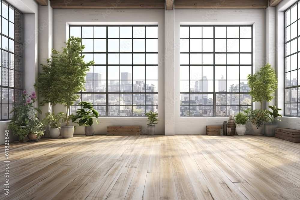 Poster loft-style large unoccupied space with large windows filled with natural light. timber floor in a wh