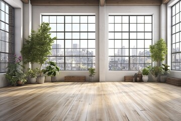 Loft-style large unoccupied space with large windows filled with natural light. timber floor in a white interior mockup. Generative AI