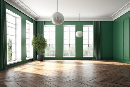 Interior with walls painted in a shade of green, a sizable window on the left, and three windows in the middle. A light parquet floor and white plinth. Interior Mockup in 8K Ultra HD, Generative AI