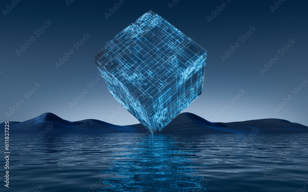 Poster digital cube and water surface background, 3d rendering.