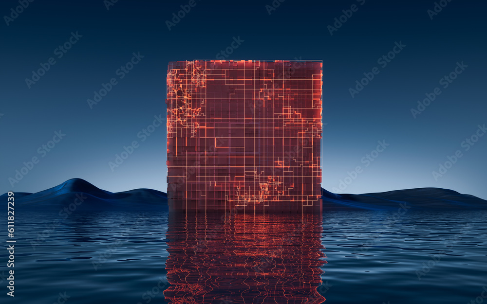 Poster digital cube and water surface background, 3d rendering.