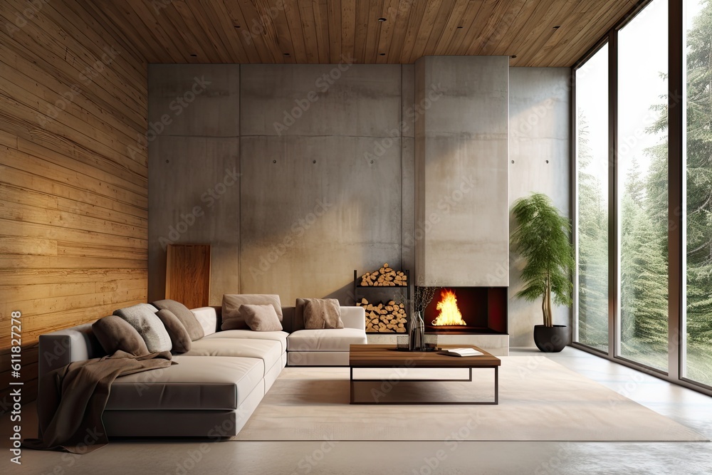 Sticker interior of a contemporary living room with a fireplace, concrete and wooden walls, a concrete floor