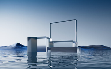 Transparent glass stage with water background, 3d rendering.