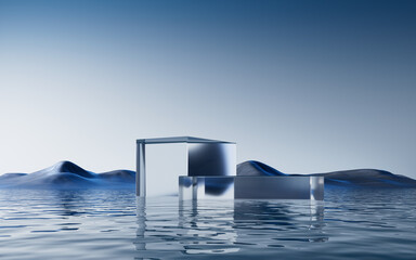 Transparent glass stage with water background, 3d rendering.