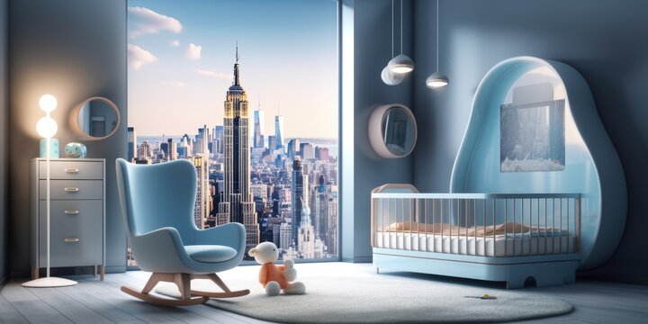 space for kids. A view of New York City, a cot, a chair, and a wardrobe. Concept for a contemporary hotel. a mockup Toned picture Generative AI