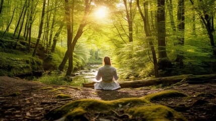 Naklejka na ściany i meble person meditating in a peaceful forest generative ai