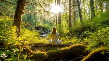 Fototapeta na wymiar person meditating in a peaceful forest generative ai