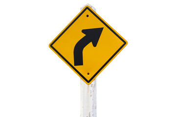 A traffic sign that is a warning on a right curve on a white background.