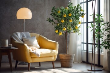 Interior of a living room with a floor lamp, a lemon tree in a vase on a wooden coffee table, and a white fabric armchair. Generative AI