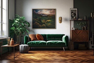 Interior of a room in which a horizontal poster hangs above a green sofa and a wooden cabinet holding a bouquet in a copper vase. The room has parquet flooring and an open entrance. Generative AI