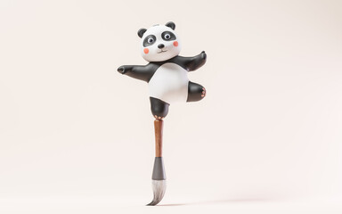 Cartoon panda and Chinese retro ink brush, 3d rendering.