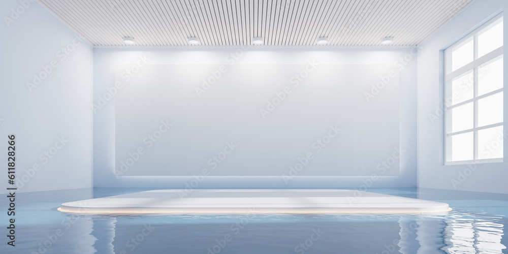 Poster empty room with water inside, 3d rendering.