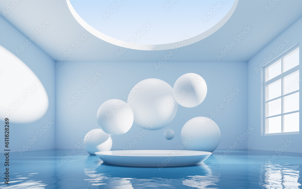 Poster empty room with water inside, 3d rendering.