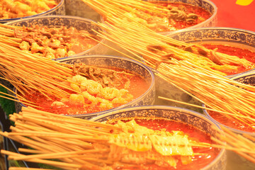 Spicy Mala Hotpot Skewers Being Displayed in Zengcuan Night Market, Xiamen, China
