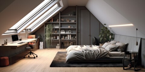 Gray attic bedroom including a home office, wooden flooring, a white bed, a closet, and a wall-mounted poster. a mockup Generative AI
